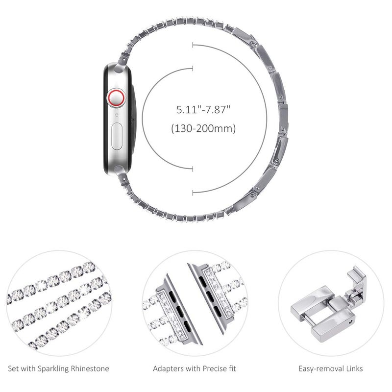 NewWays Compatible for Apple Watch Band 46mm Series 11 10 9 8 7 45mm 44mm SE Series 6 5 4 3 42mm(Series3), Sparkling Bling Diamonds Bracelet for iWatch Band Womens, Silver - Image 3
